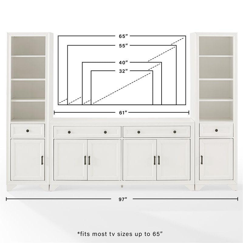 Crosley Furniture Tara 3-PC Entertainment Center/Sideboard & Bookcases in White