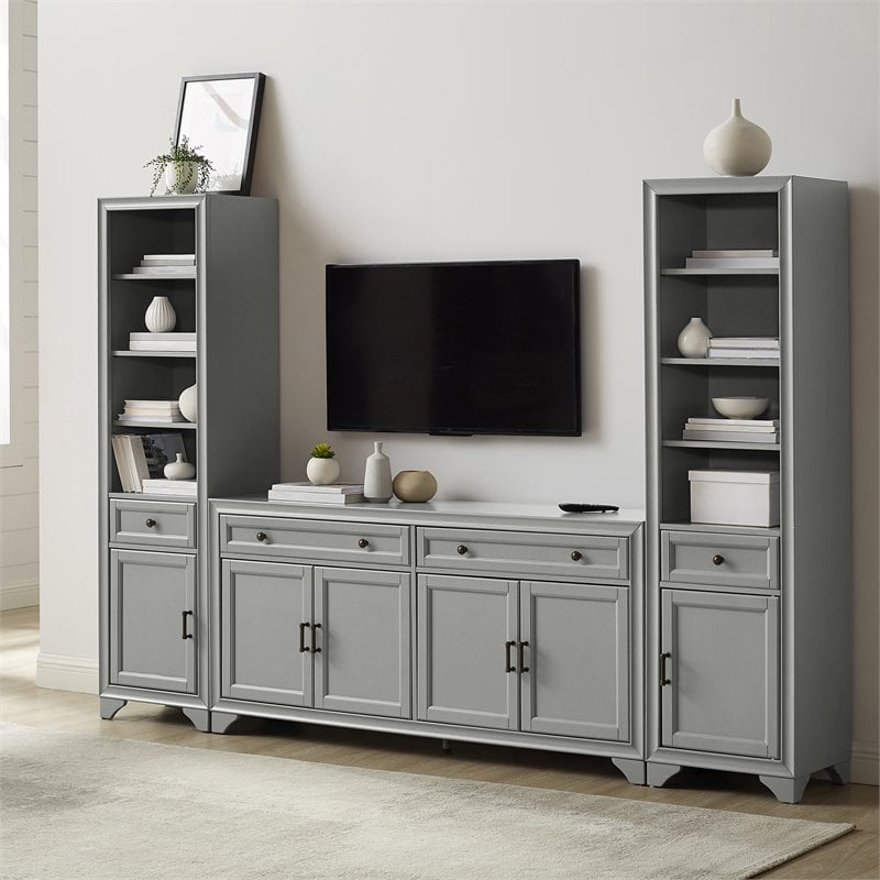 Crosley Furniture Tara 3PC Entertainment Center/Sideboard and Bookcases in Gray