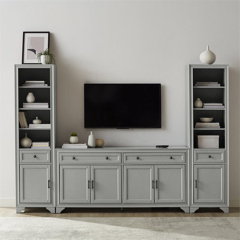 Crosley Furniture Tara 3PC Entertainment Center/Sideboard and Bookcases in Gray