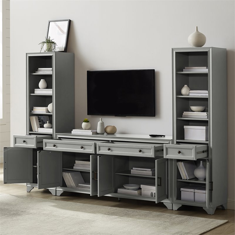 Crosley Furniture Tara 3PC Entertainment Center/Sideboard and Bookcases in Gray