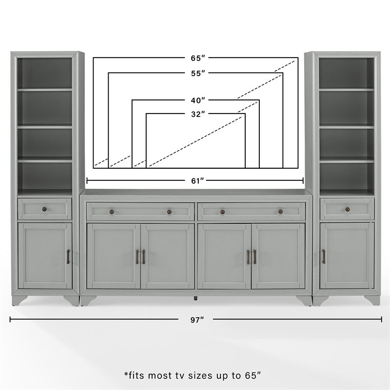 Crosley Furniture Tara 3PC Entertainment Center/Sideboard and Bookcases in Gray