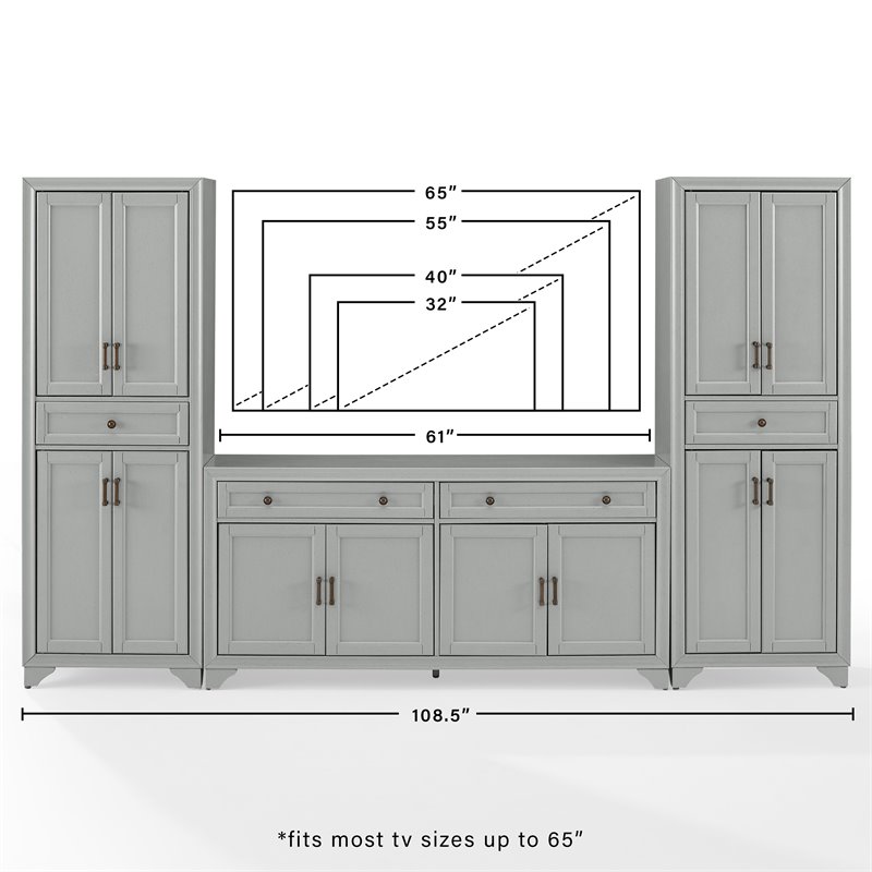 Crosley Furniture Tara 3PC Entertainment Center/Sideboard with Pantries in Gray