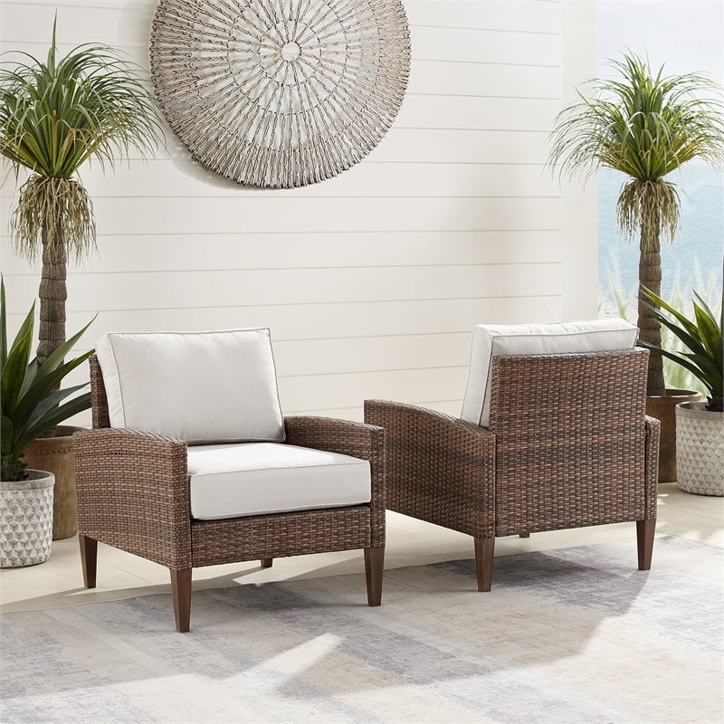 Crosley Furniture Capella Rattan & Fabric Patio Chair in Brown/Cream (Set of 2)