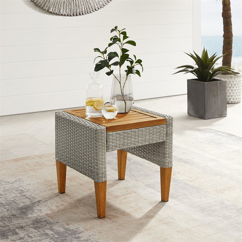 Crosley Furniture Capella Wicker / Rattan Outdoor Side Table in Gray/Acorn