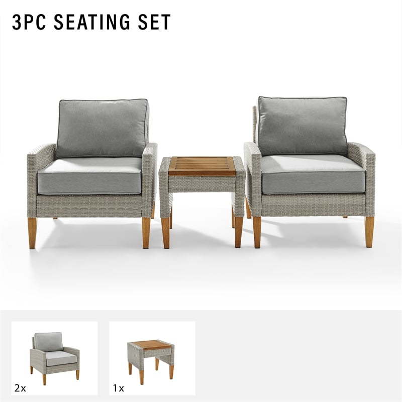 Crosley Furniture Capella 3PC Modern Wicker / Rattan Outdoor Chair Set in Gray