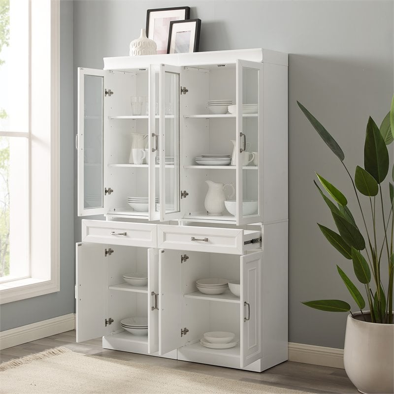 Crosley Furniture Stanton Wood Pantry with Glass Door in White (Set of 2)