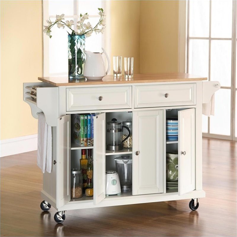 Crosley Furniture Natural Wood Top Kitchen Cart in White/Natural