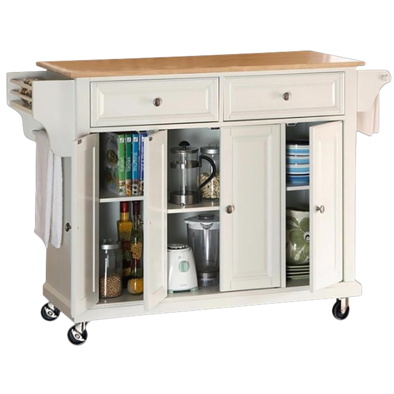 Crosley Furniture Natural Wood Top Kitchen Cart in White/Natural