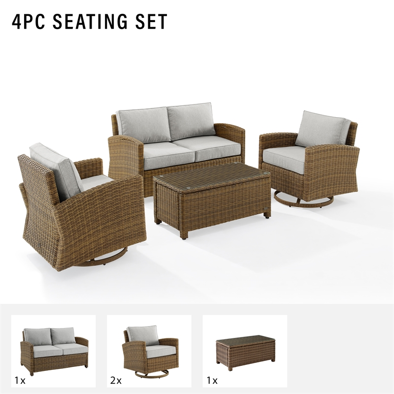 Crosley Furniture Bradenton 4-Pc Fabric Swivel Rocker Conversation Set in Gray