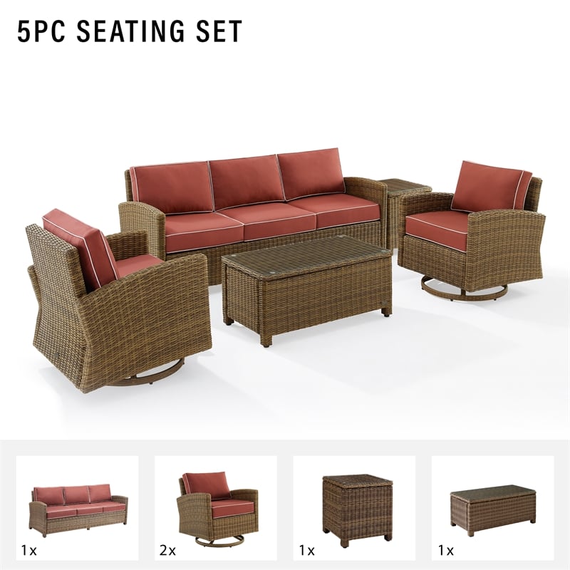 Crosley Furniture Bradenton 5-Piece Fabric Swivel Rocker and Sofa Set in Red