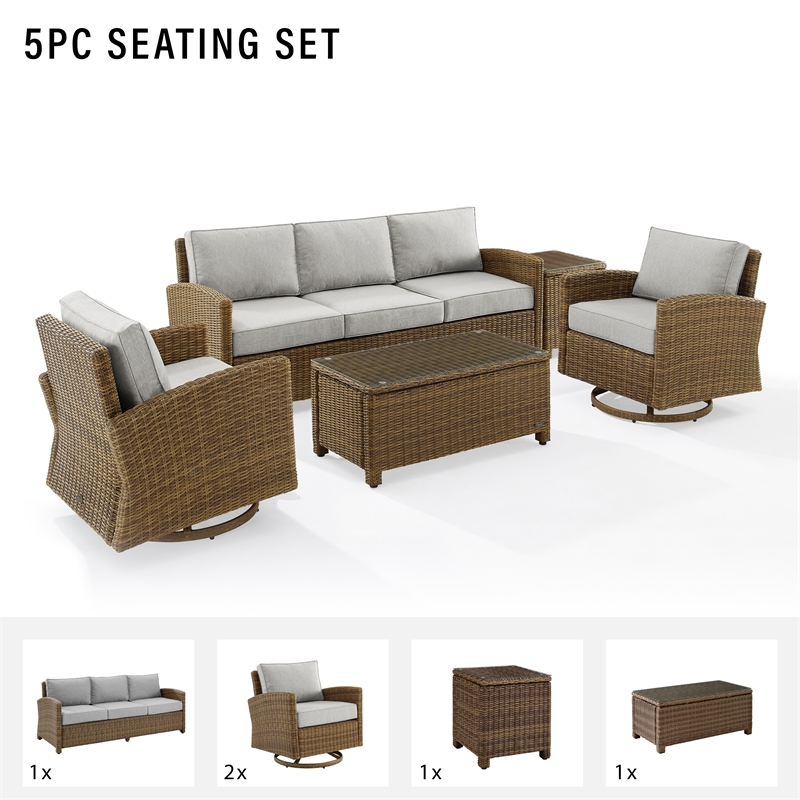 Crosley Furniture Bradenton 5-Piece Fabric Swivel Rocker and Sofa Set in Gray