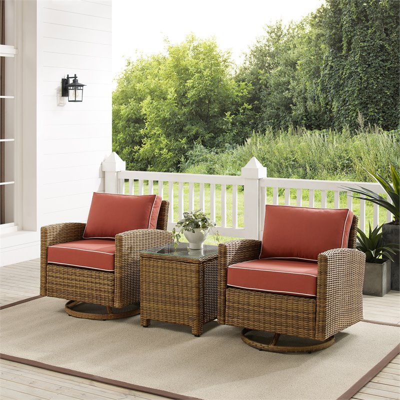 Crosley Furniture Bradenton 3-Pc Fabric Outdoor Swivel Rocker Chair Set in Red