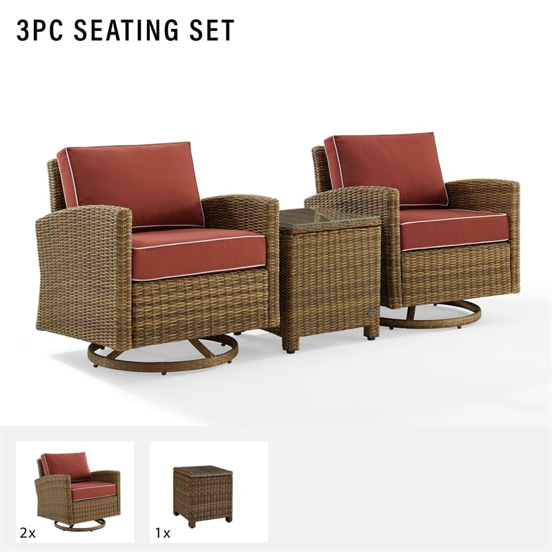 Crosley Furniture Bradenton 3-Pc Fabric Outdoor Swivel Rocker Chair Set in Red