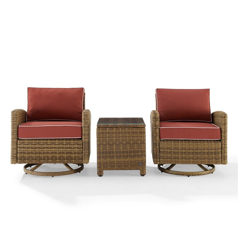 Crosley Furniture Bradenton 3-Pc Fabric Outdoor Swivel Rocker Chair Set in Red