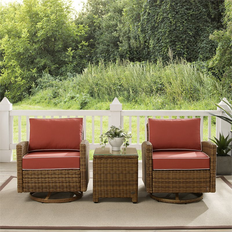 Crosley Furniture Bradenton 3-Pc Fabric Outdoor Swivel Rocker Chair Set in Red