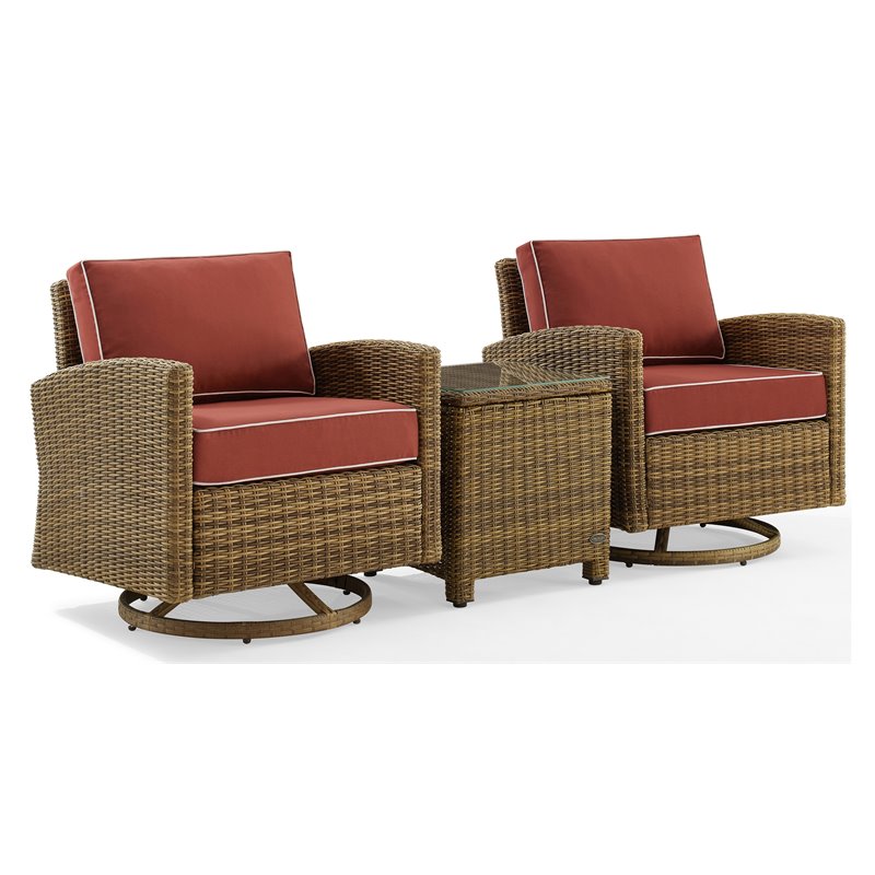 Crosley Furniture Bradenton 3-Pc Fabric Outdoor Swivel Rocker Chair Set in Red