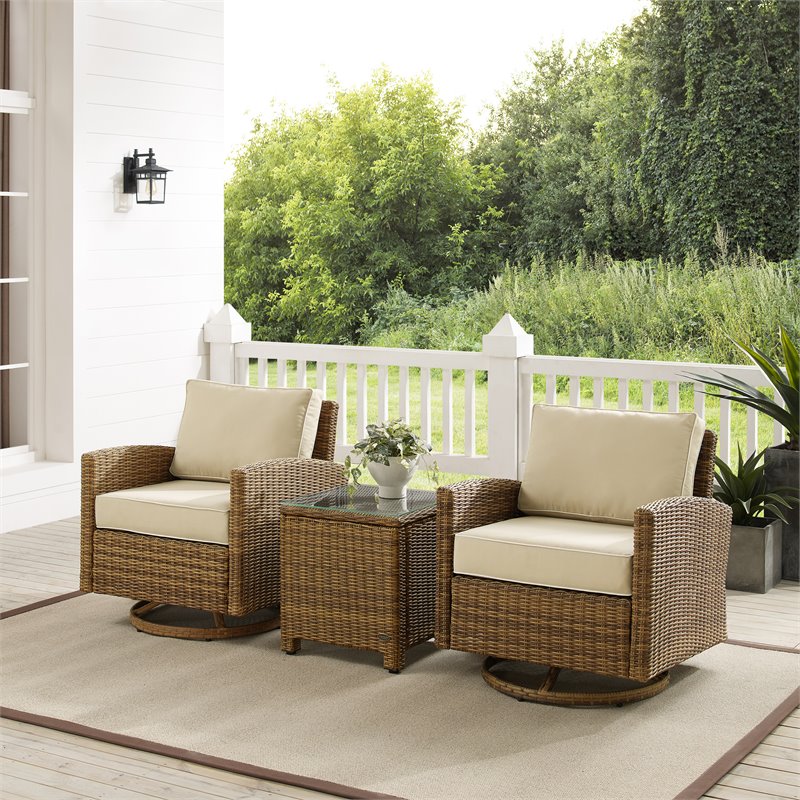 Crosley Furniture Bradenton 3-Pc Fabric Outdoor Swivel Rocker Chair Set in Sand
