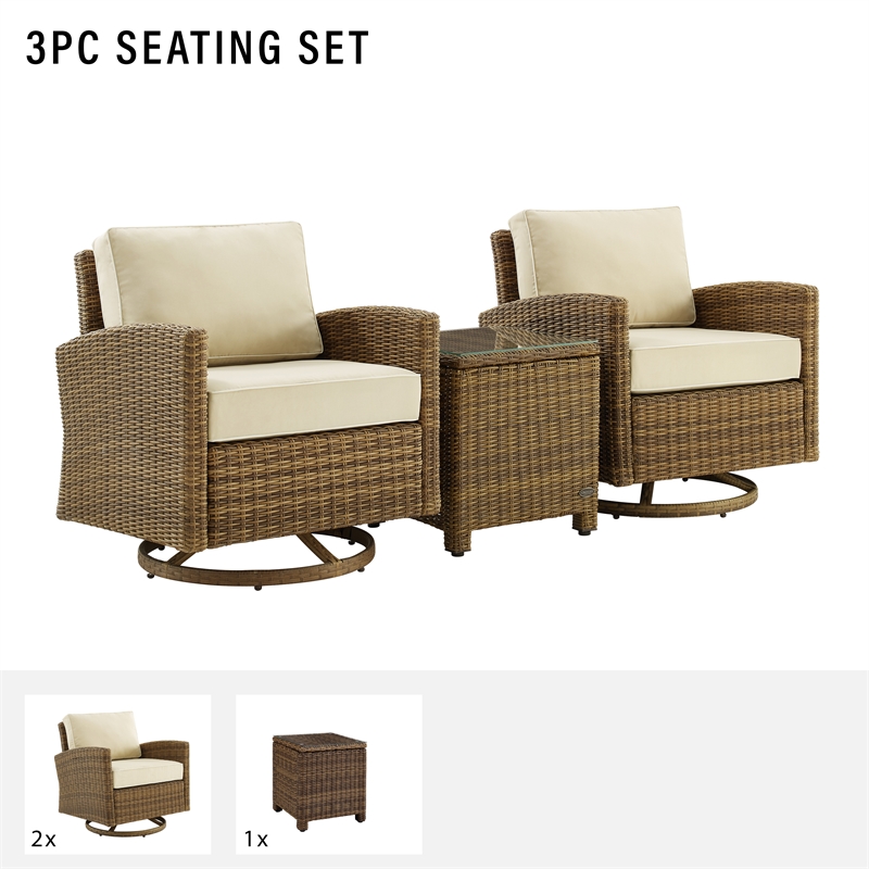 Crosley Furniture Bradenton 3-Pc Fabric Outdoor Swivel Rocker Chair Set in Sand