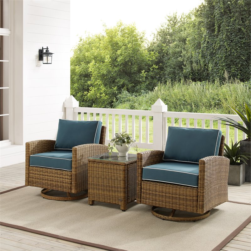 Crosley Furniture Bradenton 3-Pc Fabric Outdoor Swivel Rocker Chair Set in Navy