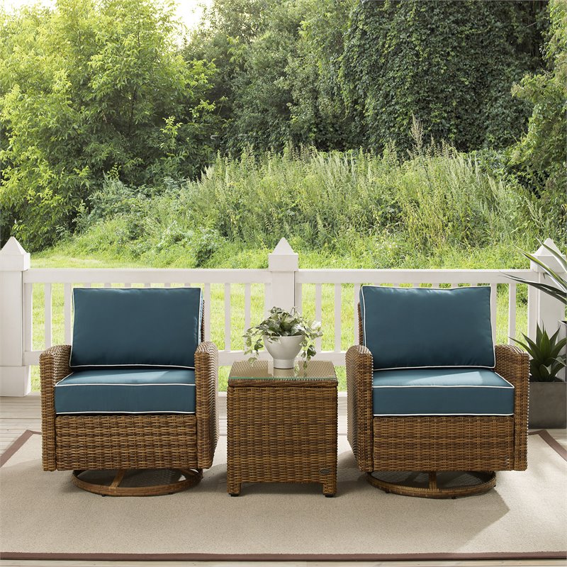 Crosley Furniture Bradenton 3-Pc Fabric Outdoor Swivel Rocker Chair Set in Navy