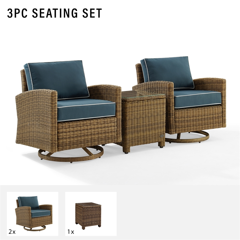 Crosley Furniture Bradenton 3-Pc Fabric Outdoor Swivel Rocker Chair Set in Navy