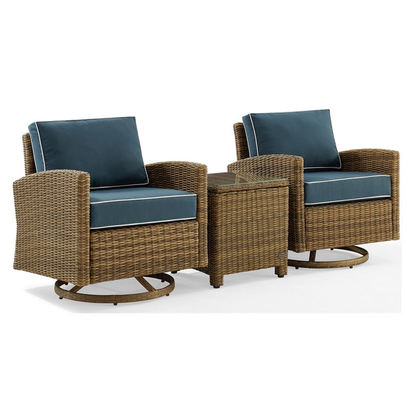 Crosley Furniture Bradenton 3-Pc Fabric Outdoor Swivel Rocker Chair Set in Navy