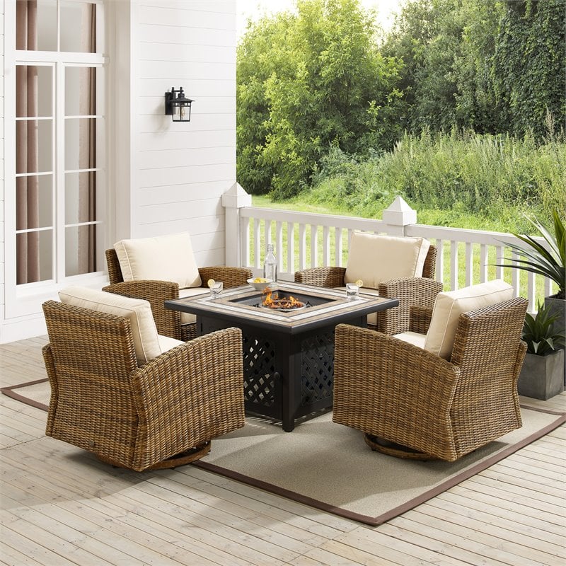 Crosley Furniture Bradenton 5-Pc Fabric Swivel Rocker Conversation Set in Sand
