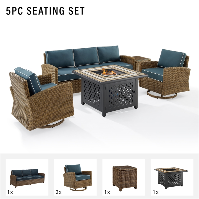 Crosley Furniture Bradenton 5-Piece Fabric Swivel Rocker & Sofa Set in Navy