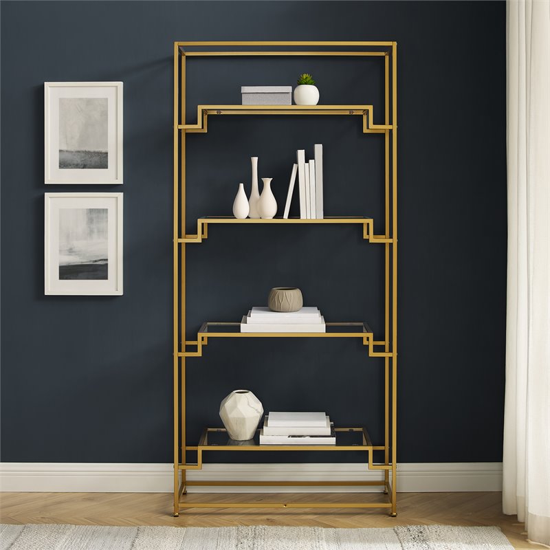 Crosley Furniture Celeste 4-Shelf Modern Glass & Metal Etagere in Gold