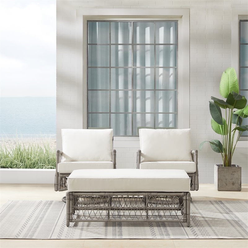 Crosley Furniture Thatcher 3-Piece Wicker Swivel Rocker and Ottoman Set in Cream