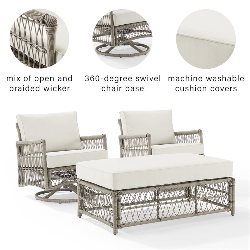 Crosley Furniture Thatcher 3-Piece Wicker Swivel Rocker and Ottoman Set in Cream