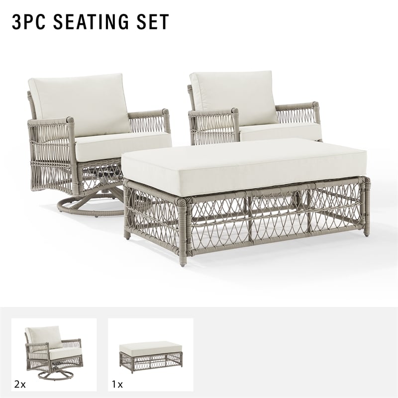 Crosley Furniture Thatcher 3-Piece Wicker Swivel Rocker and Ottoman Set in Cream
