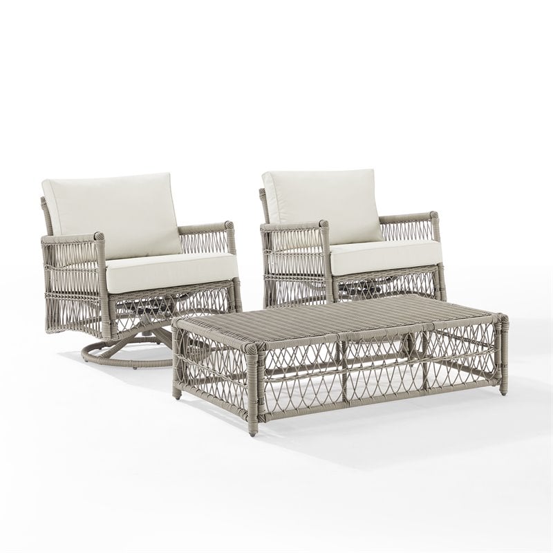 Crosley Furniture Thatcher 3-Piece Wicker Swivel Rocker and Ottoman Set in Cream