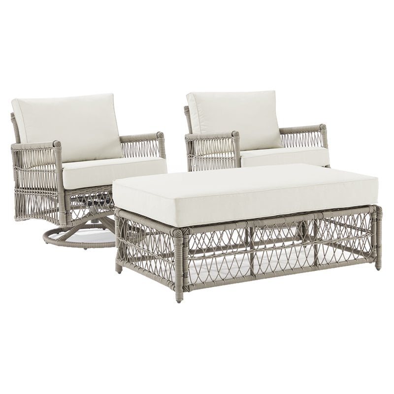 Crosley Furniture Thatcher 3-Piece Wicker Swivel Rocker and Ottoman Set in Cream