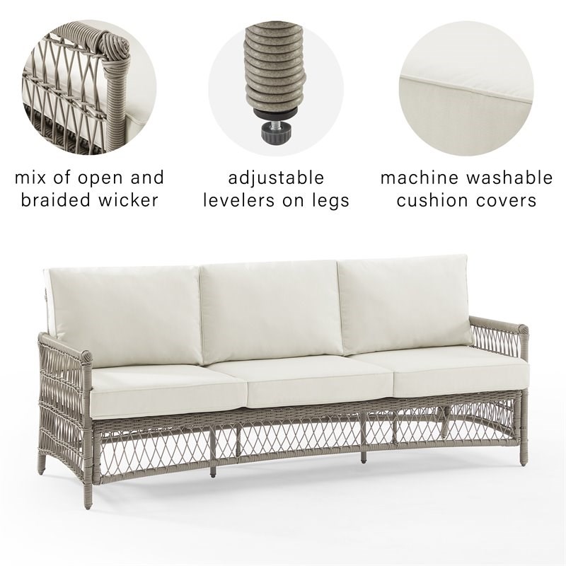 Crosley Furniture Thatcher Modern Fabric Outdoor Wicker Sofa in Cream/Driftwood