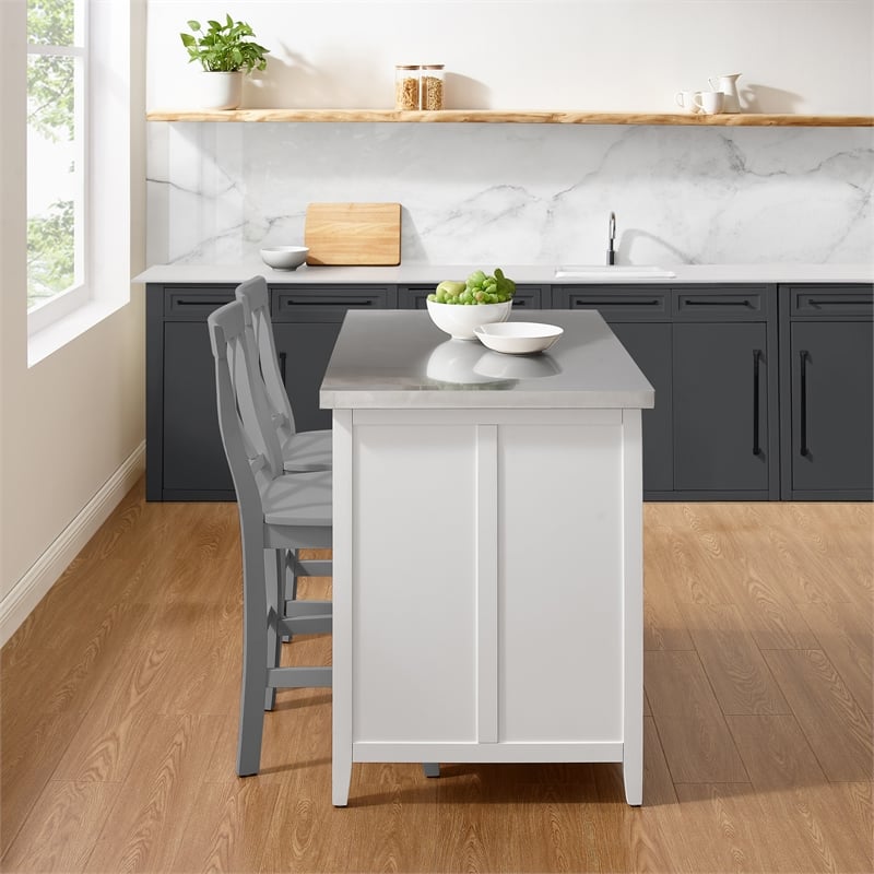 Crosley Furniture Silvia 3-Piece Wood Kitchen Island with X-Back Stools in White