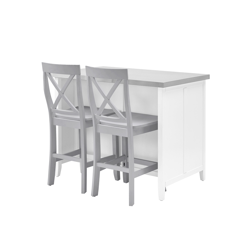 Crosley Furniture Silvia 3-Piece Wood Kitchen Island with X-Back Stools in White