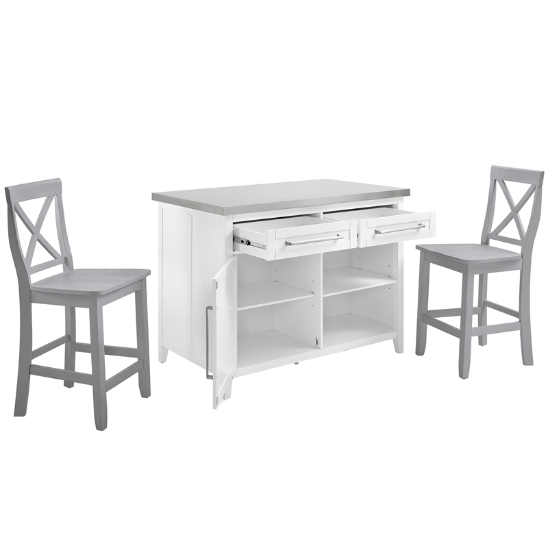 Crosley Furniture Silvia 3-Piece Wood Kitchen Island with X-Back Stools in White