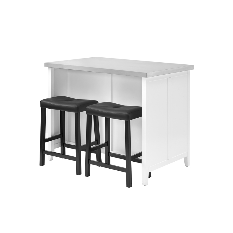 Crosley Furniture Silvia 3-Piece Wood Kitchen Island with Saddle Stools in White