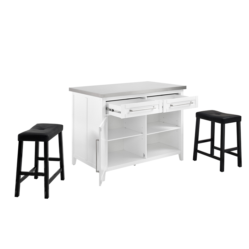 Crosley Furniture Silvia 3-Piece Wood Kitchen Island with Saddle Stools in White