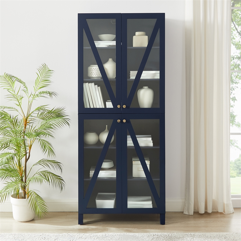 Crosley Furniture Cassai MDF Wood and Tempered Glass Tall Storage Pantry in Navy