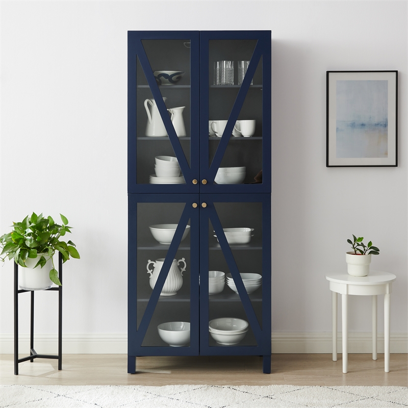 Crosley Furniture Cassai MDF Wood and Tempered Glass Tall Storage Pantry in Navy