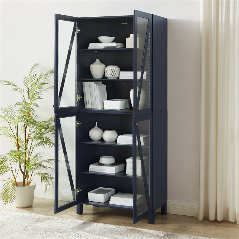 Crosley Furniture Cassai MDF Wood and Tempered Glass Tall Storage Pantry in Navy