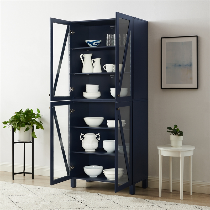 Crosley Furniture Cassai MDF Wood and Tempered Glass Tall Storage Pantry in Navy