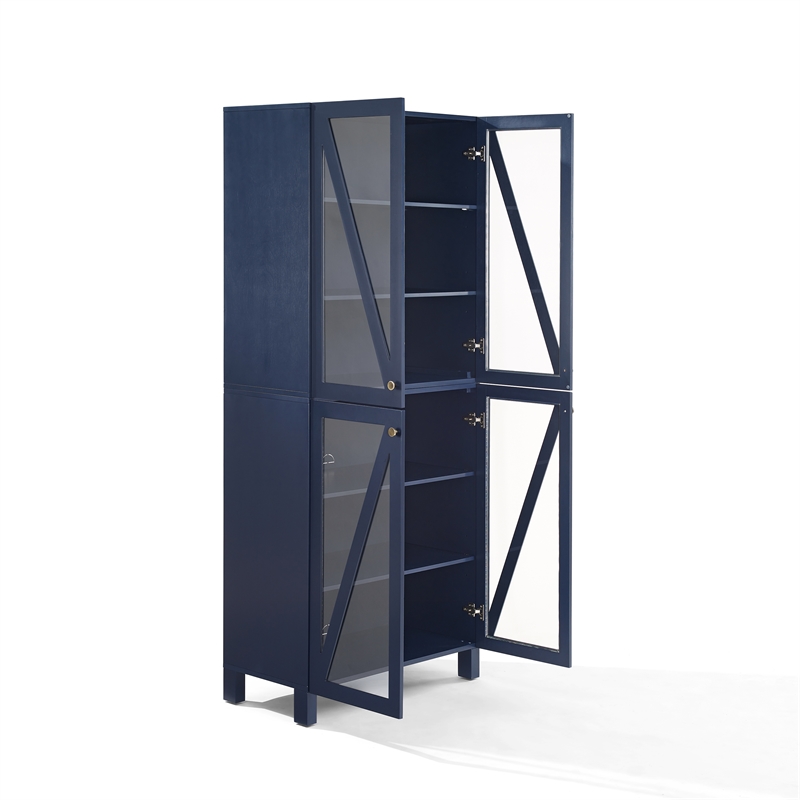 Crosley Furniture Cassai MDF Wood and Tempered Glass Tall Storage Pantry in Navy