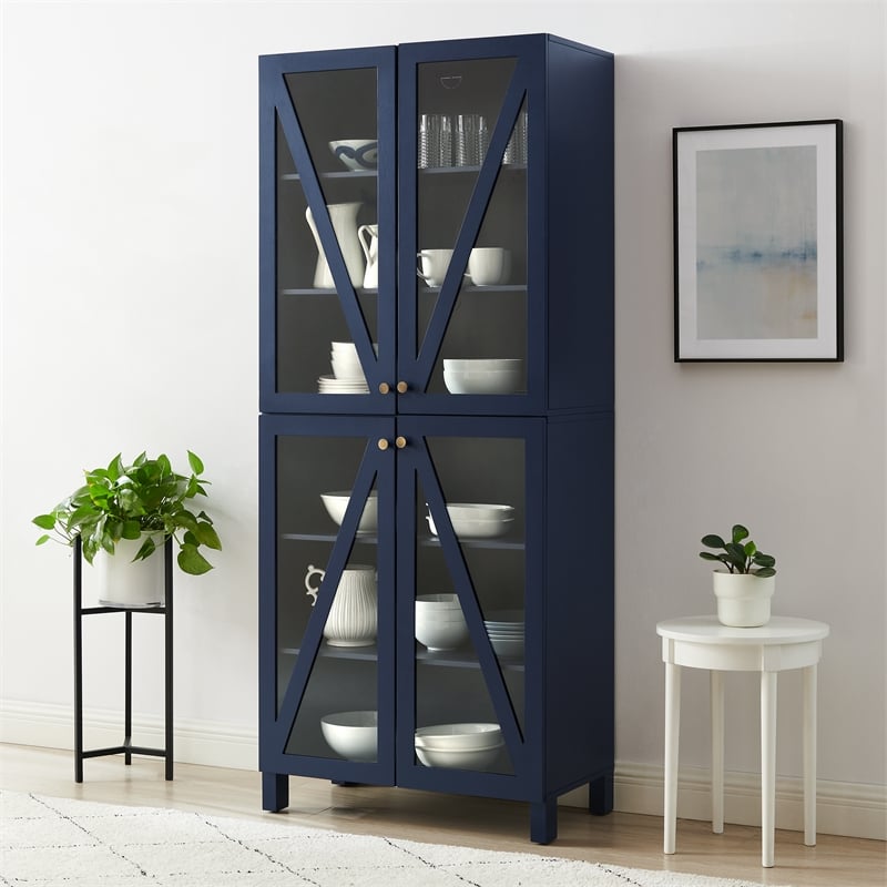 Crosley Furniture Cassai MDF Wood and Tempered Glass Tall Storage Pantry in Navy