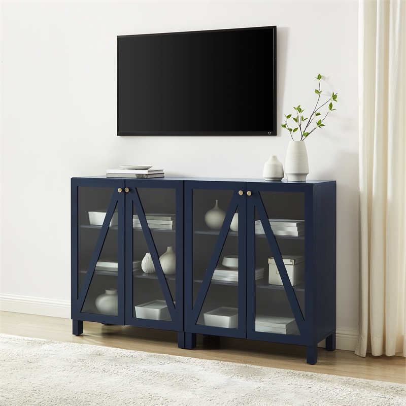 Crosley Furniture Cassai MDF Wood Media Storage Cabinet Set in Navy (Set of 2)