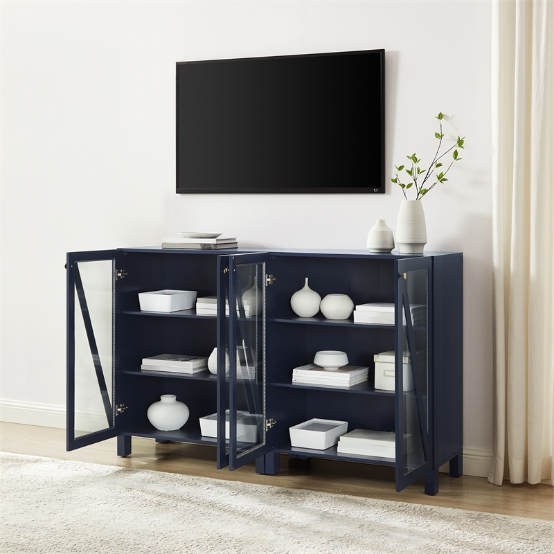 Crosley Furniture Cassai MDF Wood Media Storage Cabinet Set in Navy (Set of 2)