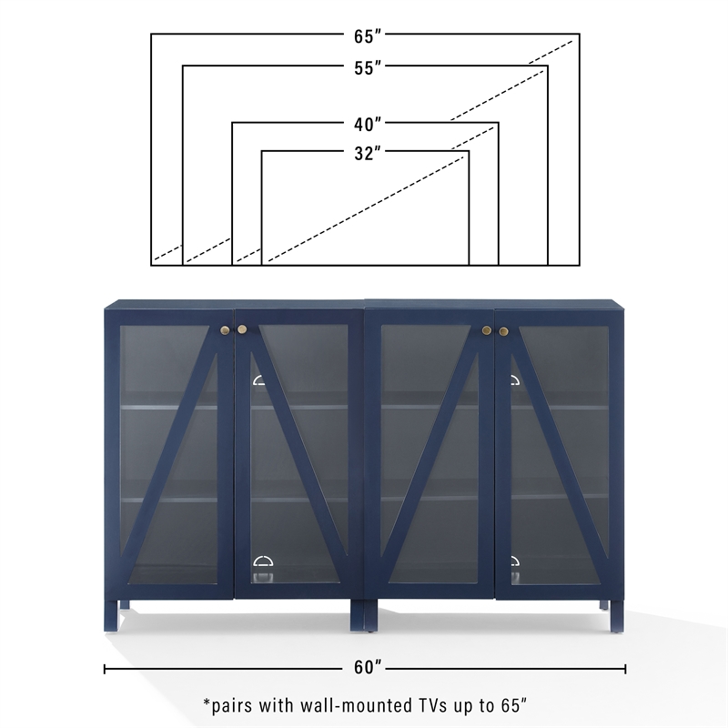Crosley Furniture Cassai MDF Wood Media Storage Cabinet Set in Navy (Set of 2)