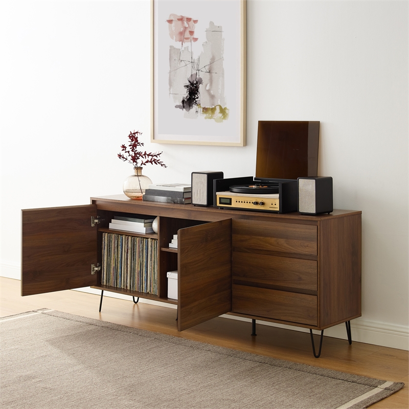 Crosley Furniture Teagan Wood Record Storage Sideboard in Brown Oak